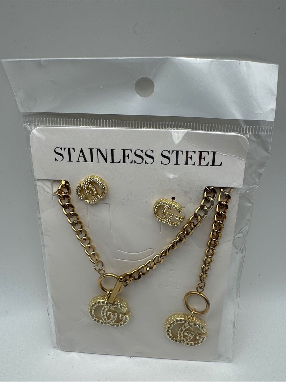 Gold Stainless Steel Crystal Pendant Necklace & Earring Set